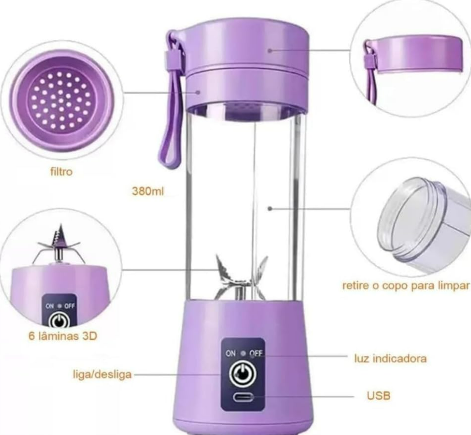Mini Liquidificador Portátil 380mL - Recarregável USB com 6 Lâminas de Aço Inoxidável